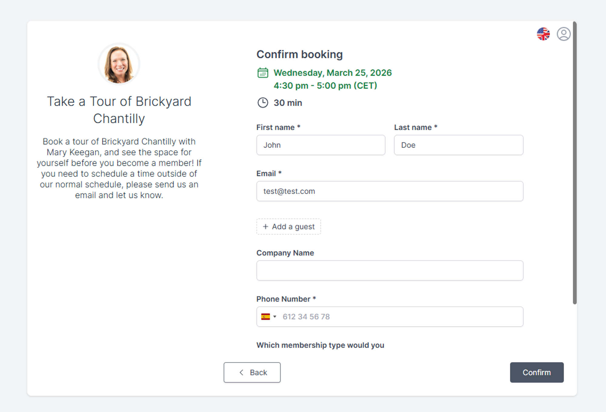 Example of intake scheduling form from Koalendar used by Brickyard